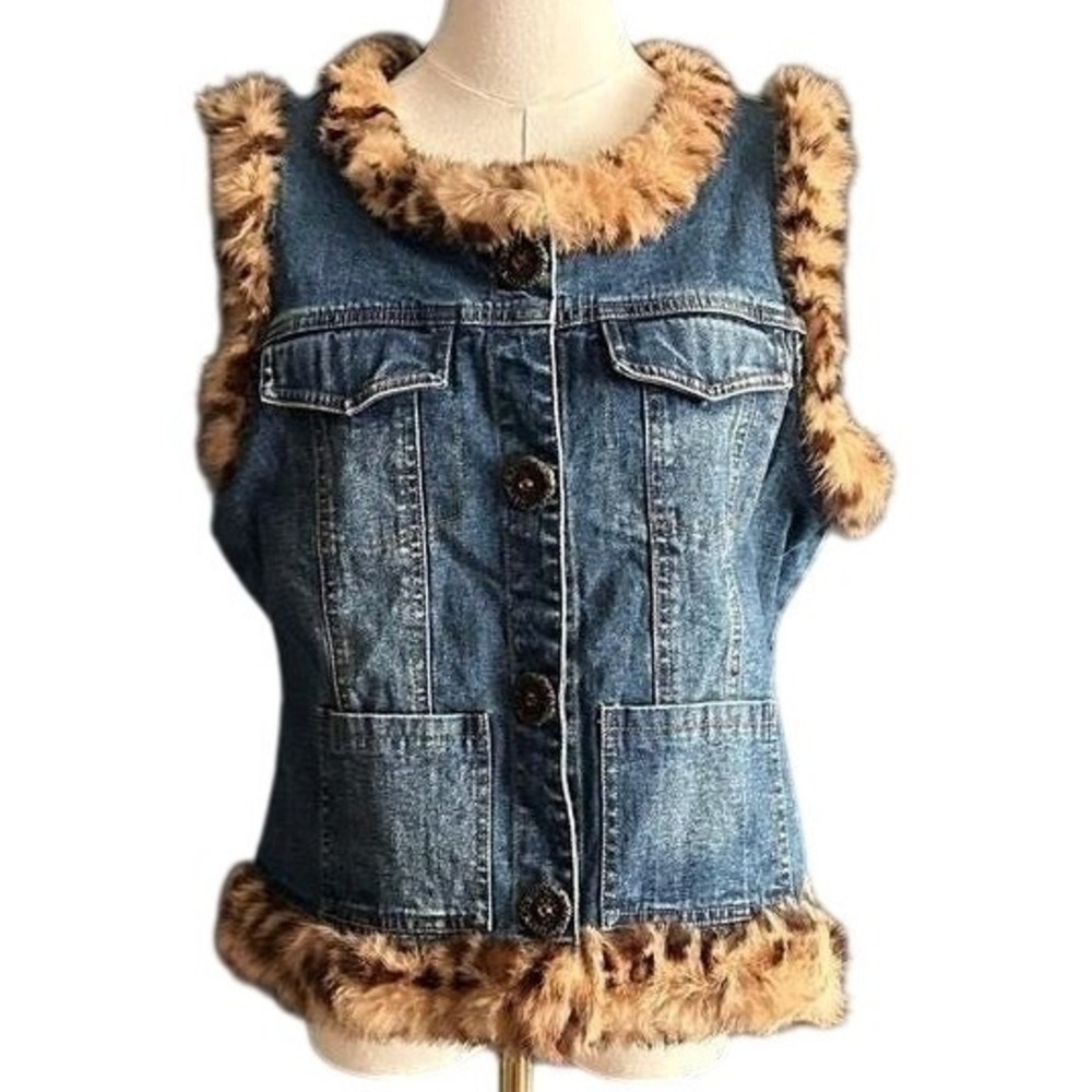Vintage Berek Takako Sakon Denim Fur Trim Vest Leopard Print M